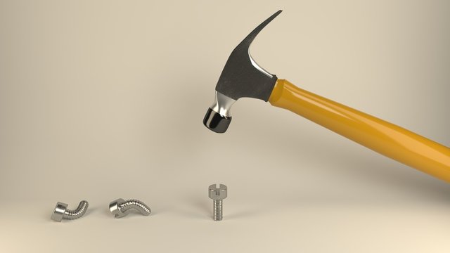 Epic fail, fool, idiot, mistake, error - symbolized by a hammer banging metal screws