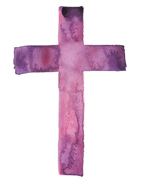 Simple traditional Christian cross painted in watercolor on clean white background
