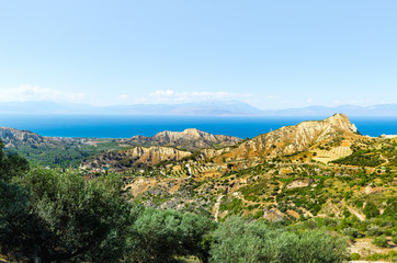 View of the Corinthian Gulf and rocks. Peloponnese. Greece.