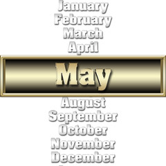 Stock Illustration - Shiny Metallic Golden Text: May, 3D Illustration, Isolated Against the White Background.