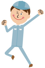 ポップな青い制服の作業員　ガッツポーズ
