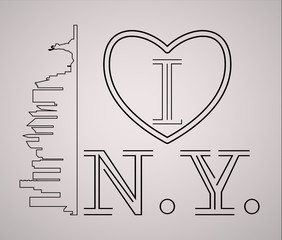 I love New York  skyline and landmarks silhouette, black and white design, vector illustration. New York with heart logo.