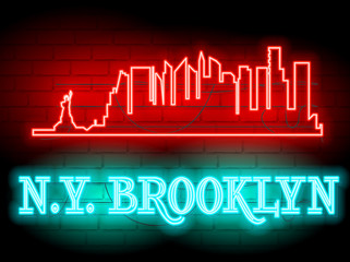 Obraz premium Neon silhouette of New York (United States) city skyline vector background. Neon style sign N.Y. Brooklyn. Illustration for t shirt printing or wall decoration. Brickwall as background.