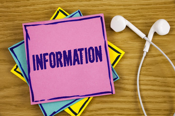 Conceptual hand writing showing Information. Business photo showcasing Facts learned about...