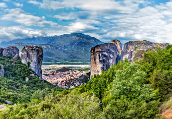 The Monastery of the Holy Trinity is on top of the cliffs. in summer day in Meteora, Greece.