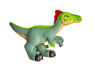 Plastic yellow dinosaur toy, Velociraptor. isolated on white background.