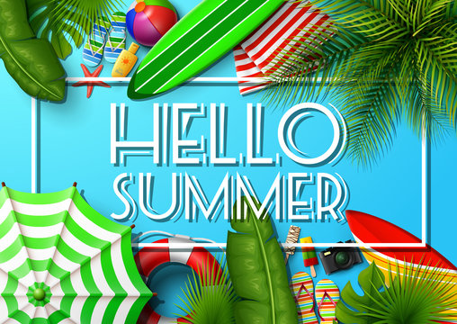 Hello summer banner. Top view on tropical leaves and beach element collections