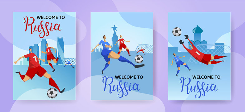 Football Cup. Russia. Football players on Russian cityscape background. Soccer invitation. Set of vertical posters with lettering. Flat vector illustration.