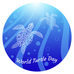 World Turtle Day. Water turtles swim up. In a round frame