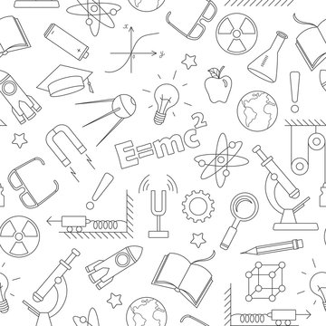 Seamless pattern on the theme of the subject of physics education, simple dark contour icons on white background