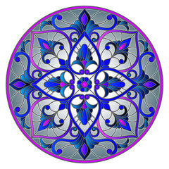 Illustration in stained glass style with abstract flowers, leaves and swirls, circular image on grey background