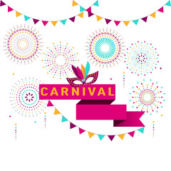 Carnival poster, banner with colorful party elements - fireworks, confetti, stars and splashes. Festival concept design.