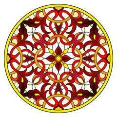 Illustration in stained glass style with abstract flowers, leaves and swirls, circular image on white background