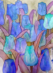 Tulips artwork with black contour art nouveau style digital illustration closeup