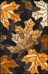 Illustration in stained glass style with brown leaves on dark background