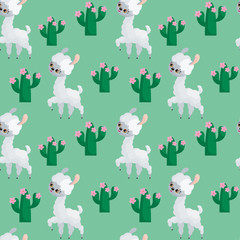 Seamless pattern with the image of cute llamas in cartoon style. Colorful vector background