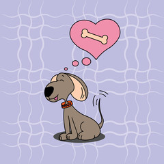 A loving dog thinking about a bone on a plaid background