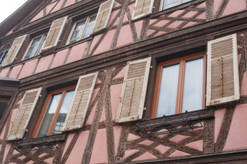 retail of traditional medieval architecture in the alsatian village of Obernai near Strasbourg - France