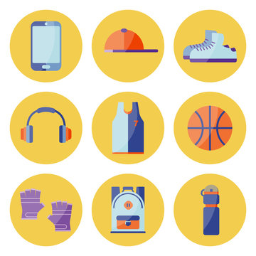 Vector Illustration. Equipment for summer relax. Set of sneakers, cap, phone, gloves, backpack, ball, t-shirt, bottle for water on yellow circles
