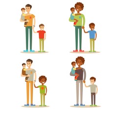 Young dad is enjoying time with his child. Handsome father with little Boy. Lifestyle family. Set. Stock flat vector illustration.