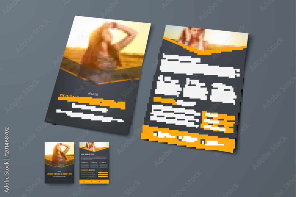 Poster vector design of a black brochure with orange arrows and a place for a photo
