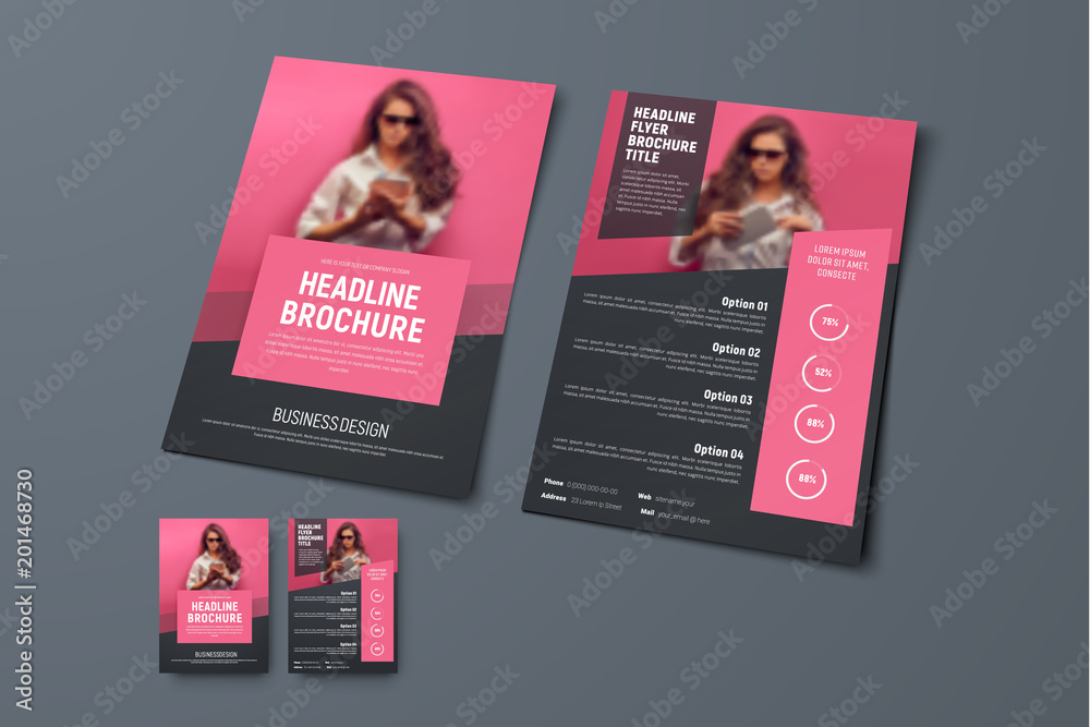 Poster Design the front and back pages of the brochure with pink rectangular elements and a place for photos.
