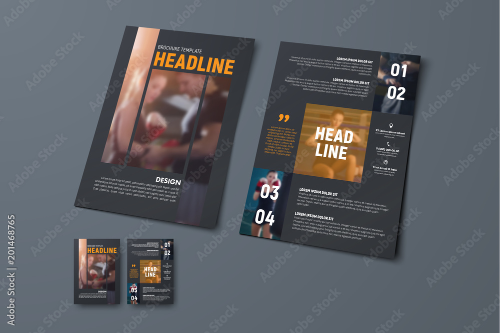 Poster vector brochure template with vertical stripes and squares and a place for a photo.