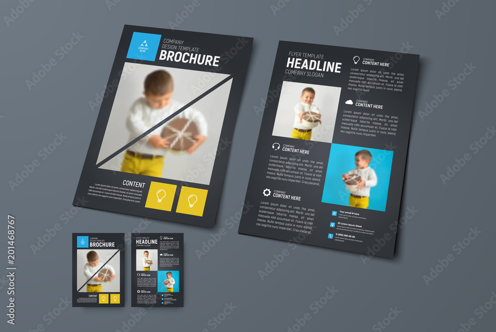 Poster template of a universal vector brochure with square and triangular blue and yellow elements and a place for a photo.