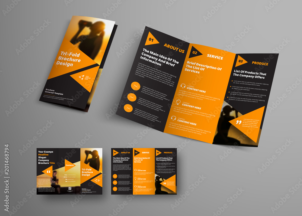 Poster black triple folding brochure template with orange triangular elements.