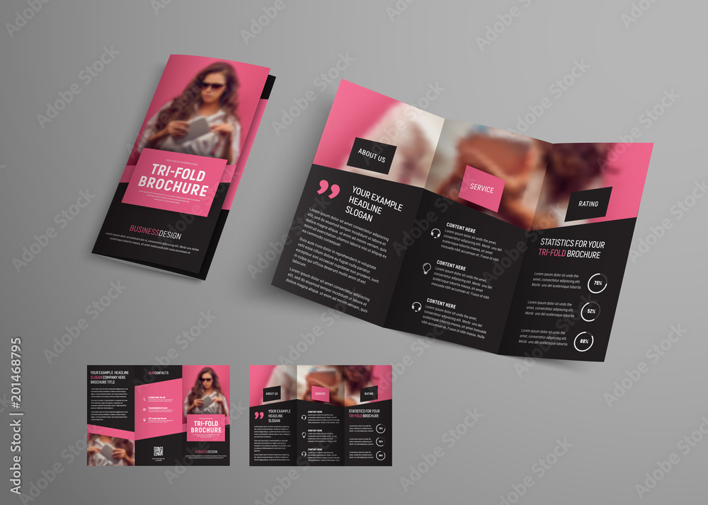 Poster tri-fold brochure template with diagonal elements and a place for a photo. Design booklet for business, advertising and printing. Vector illustration