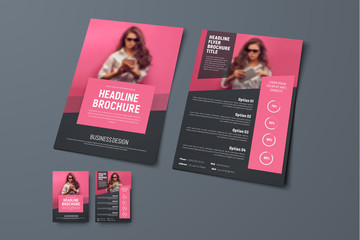 Design the front and back pages of the brochure with pink rectangular elements and a place for photos. - obrazy, fototapety, plakaty