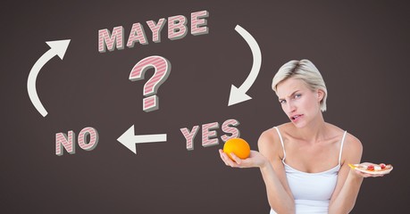 Obraz premium Woman thinking deciding about healthy food or unhealthy food