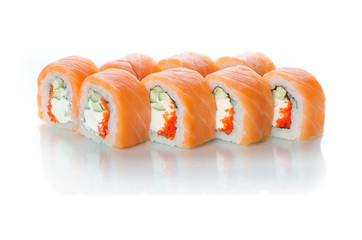 White background isolated with reflection, sushi rolls Japanese cuisine beautiful