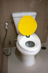 modern toilet with yellow and white child seat