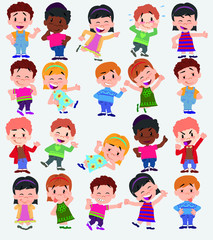 Cartoon character boys and girls. Set with different postures, attitudes and poses, always in positive attitude, doing different activities. Vector illustrations.