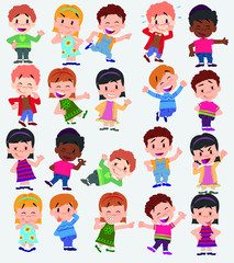 Cartoon character boys and girls. Set with different postures, attitudes and poses, always in positive attitude, doing different activities. Vector illustrations.