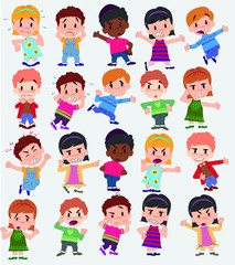 Cartoon character boys and girls. Set with different postures, attitudes and poses, always in negative attitude, doing different activities. Vector illustrations.