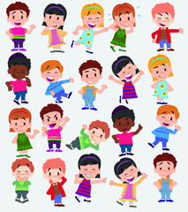 Cartoon character boys and girls. Set with different postures, attitudes and poses, always in positive attitude, doing different activities. Vector illustrations.