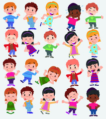 Cartoon character boys and girls. Set with different postures, attitudes and poses, always in positive attitude, doing different activities. Vector illustrations.