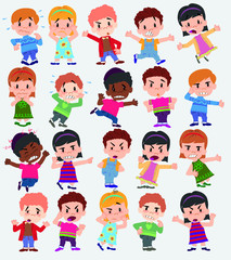 Cartoon character boys and girls. Set with different postures, attitudes and poses, always in negative attitude, doing different activities. Vector illustrations.
