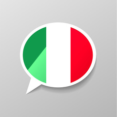 Bright glossy sticker in speech bubble shape with Italy flag, italian language concept