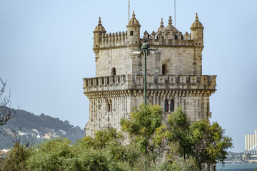 Fototapeta na wymiar Lisbon Torre de Belem tower, high section