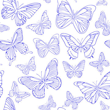 Seamless background with blue butterflies. Hand drawn pattern.Vector illustration. Outline drawing. Pattern for paper products or fabrics.