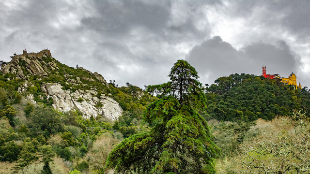 Palace da Pena and Castle of moros over hill. Sintra, Lisbon. Portugal