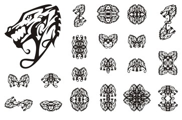 Tribal dragon collection tattoo art. Linear decorative symbols of a young dragon for your design. Black on white