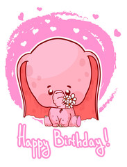 happy birthday greeting card with cute cartoon elephant.