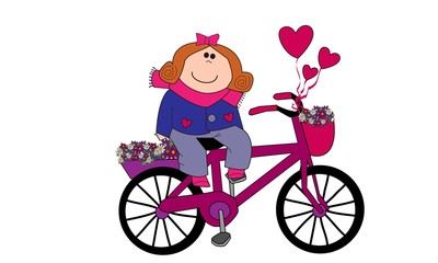 Chica alegre en bicicleta con flores y globos.