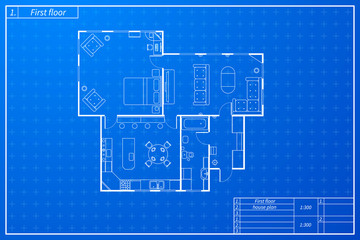 Architecture sketch of house with furniture in blueprint style