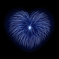 Beautiful heart-firework. Bright romantic firework, isolated on black background. Light love decoration salute for Valentine Day celebration. Symbol of holiday, wedding Vector illustration