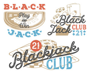 Set of vintage Blackjack badges for print on T-shirts, printed products and publications on the Internet. Vector illustration